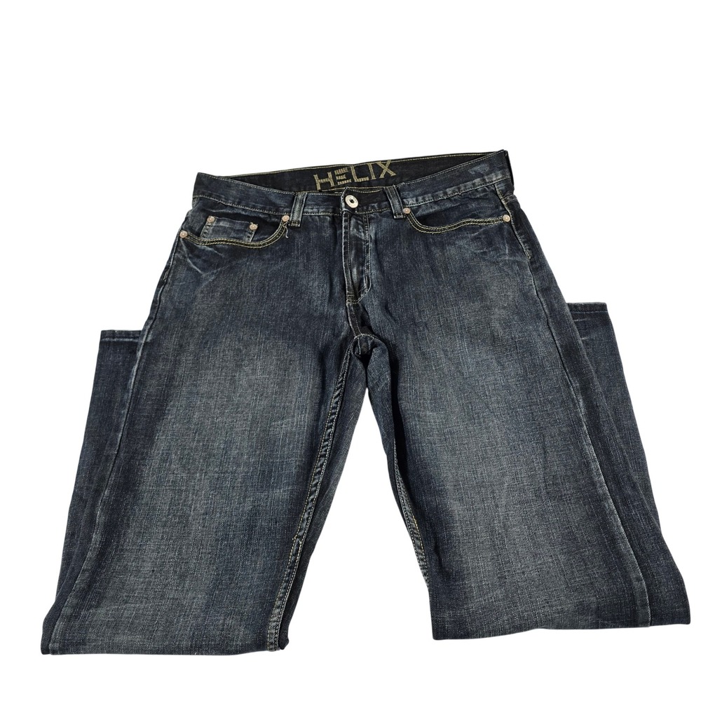 Helix Mens Bootcut Jeans Dark Wash Embroidered Back Pockets 36x32 15240